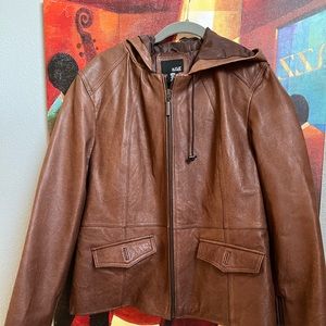 Brown leather ladies hooded jacket